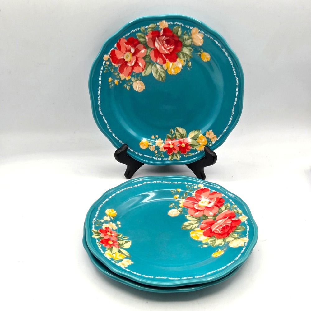 The Pioneer Woman Floral Salad Plates Teal Trim 8.5"  Stoneware Set of 3